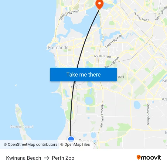 Kwinana Beach to Perth Zoo map