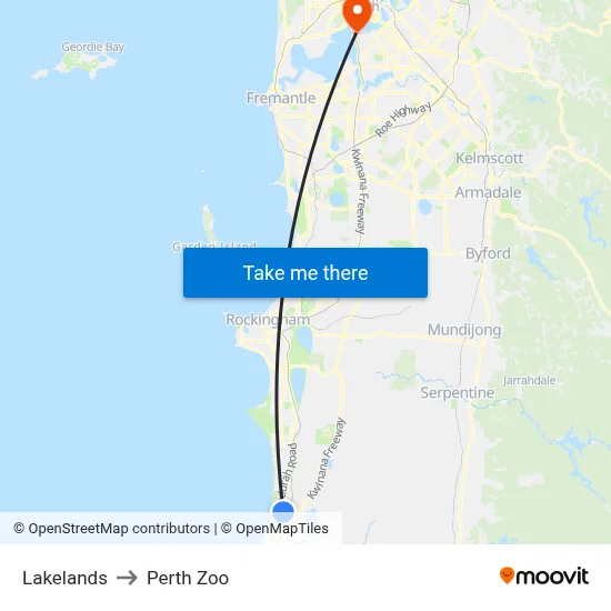 Lakelands to Perth Zoo map