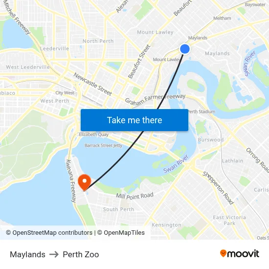 Maylands to Perth Zoo map