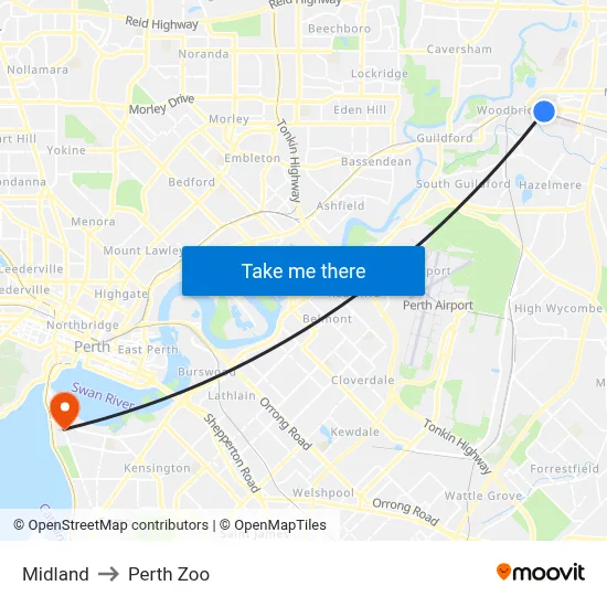Midland to Perth Zoo map