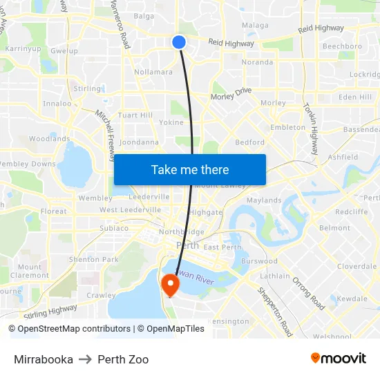 Mirrabooka to Perth Zoo map