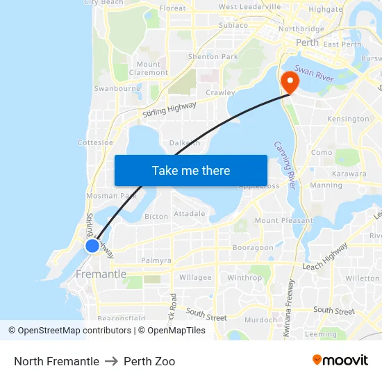 North Fremantle to Perth Zoo map