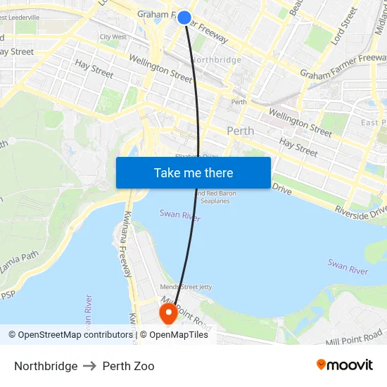 Northbridge to Perth Zoo map