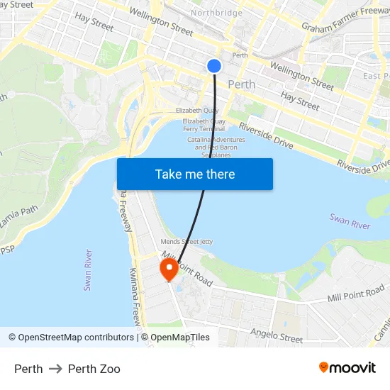 Perth to Perth Zoo map