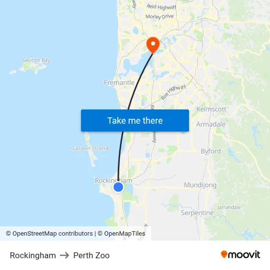 Rockingham to Perth Zoo map