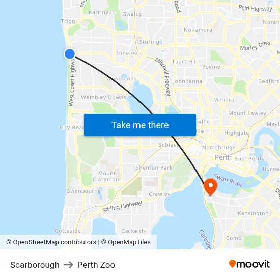 Scarborough to Perth Zoo map