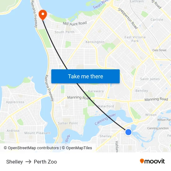 Shelley to Perth Zoo map