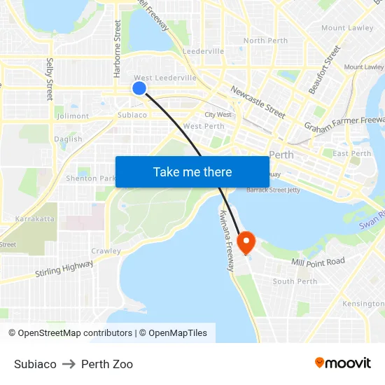 Subiaco to Perth Zoo map