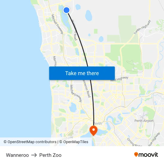 Wanneroo to Perth Zoo map
