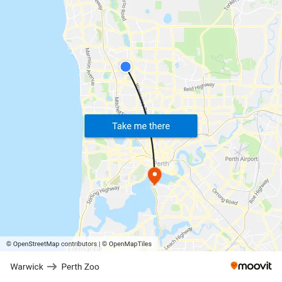 Warwick to Perth Zoo map