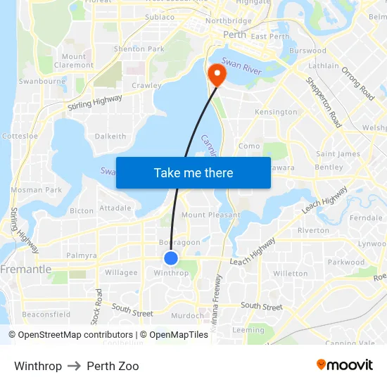 Winthrop to Perth Zoo map