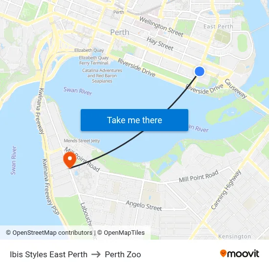 Ibis Styles East Perth to Perth Zoo map