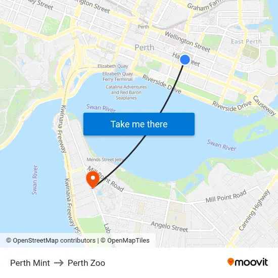 Perth Mint to Perth Zoo map