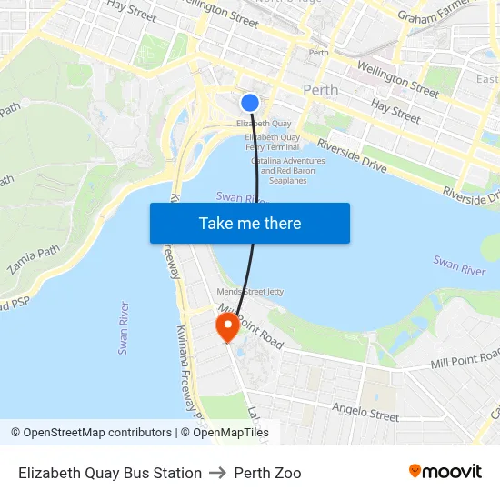 Elizabeth Quay Bus Station to Perth Zoo map