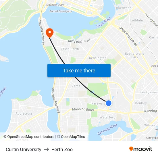 Curtin University to Perth Zoo map