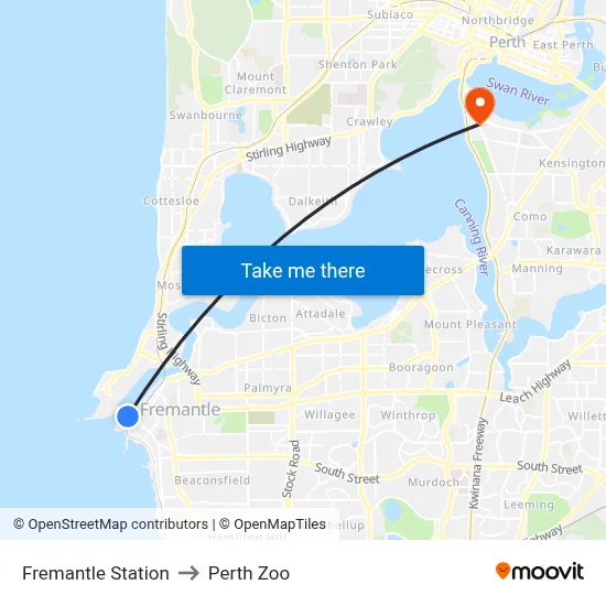 Fremantle Station to Perth Zoo map