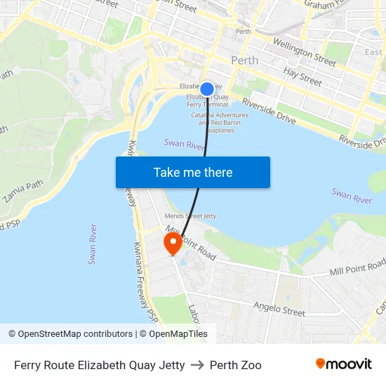 Ferry Route Elizabeth Quay Jetty to Perth Zoo map