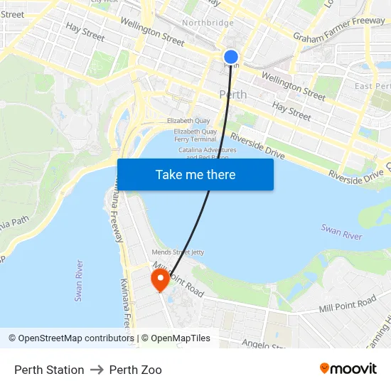 Perth Station to Perth Zoo map