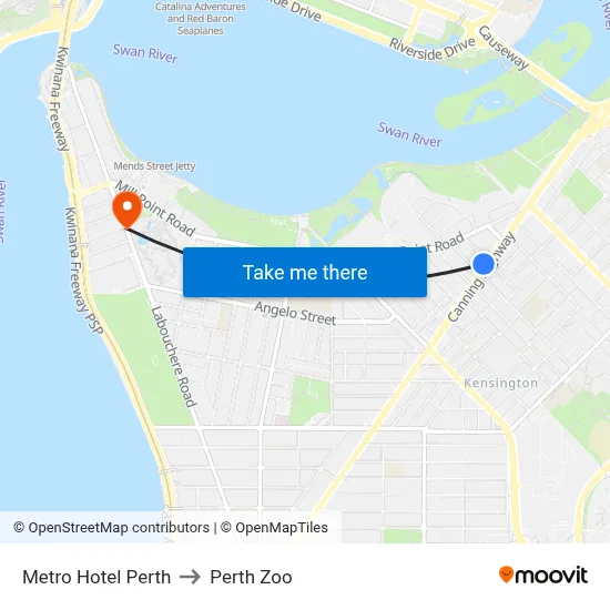 Metro Hotel Perth to Perth Zoo map