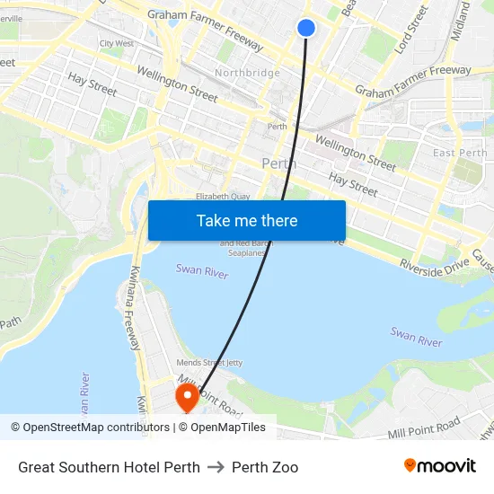 Great Southern Hotel Perth to Perth Zoo map