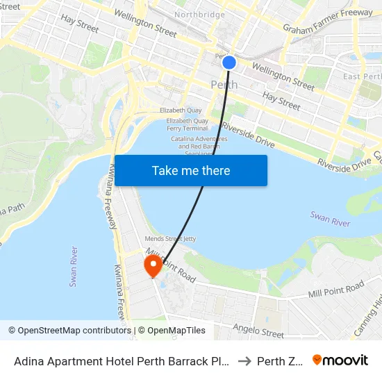 Adina Apartment Hotel Perth Barrack Plaza to Perth Zoo map