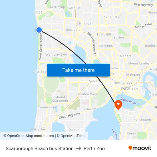 Scarborough Beach bus Station to Perth Zoo map