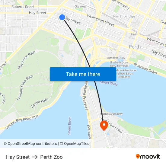 Hay Street to Perth Zoo map