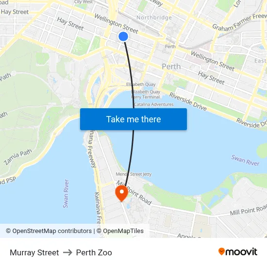 Murray Street to Perth Zoo map