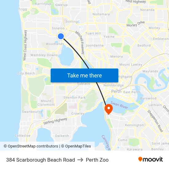 384 Scarborough Beach Road to Perth Zoo map