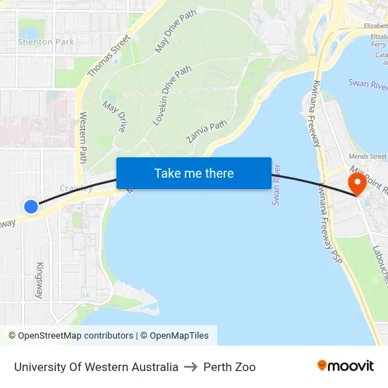 University Of Western Australia to Perth Zoo map