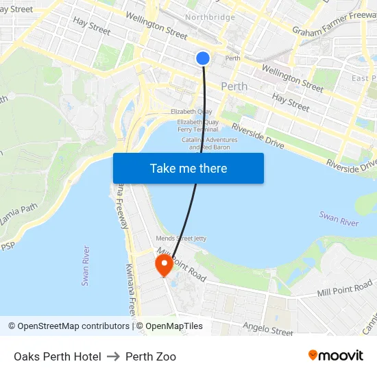 Oaks Perth Hotel to Perth Zoo map