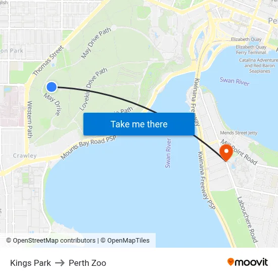 Kings Park to Perth Zoo map