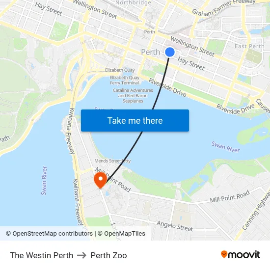 The Westin Perth to Perth Zoo map