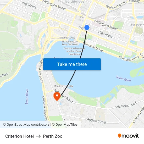Criterion Hotel to Perth Zoo map