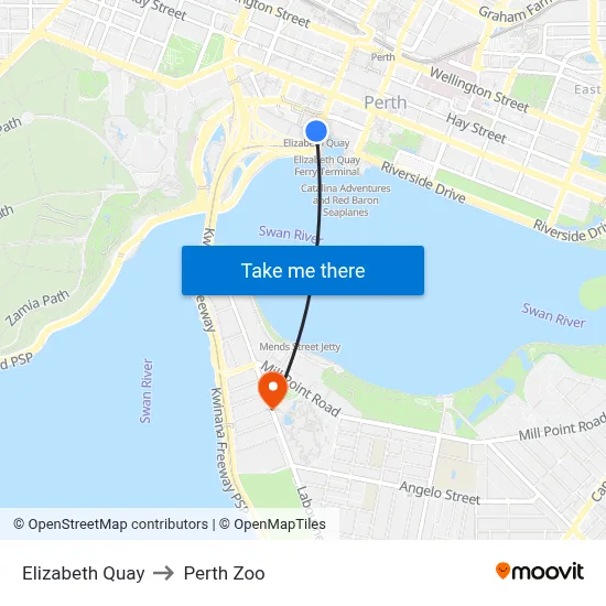 Elizabeth Quay to Perth Zoo map