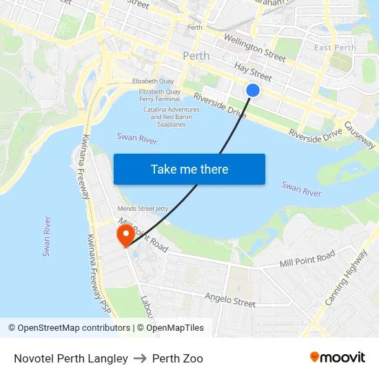 Novotel Perth Langley to Perth Zoo map