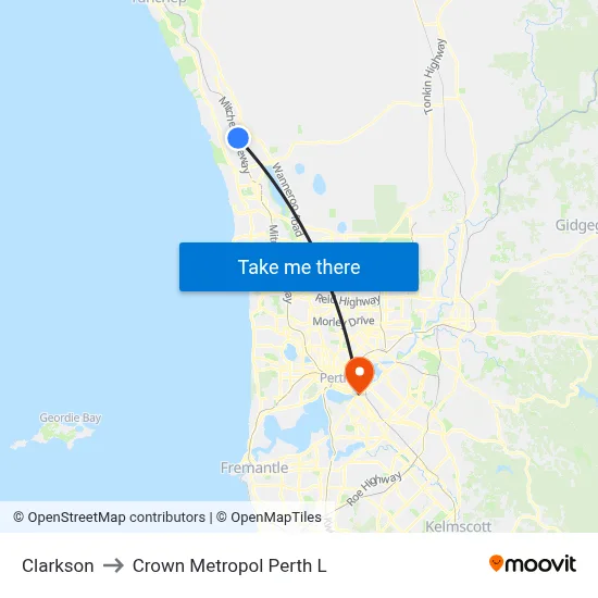 Clarkson to Crown Metropol Perth L map