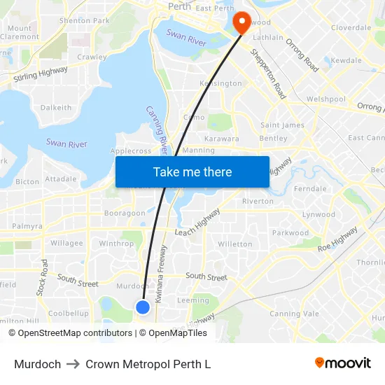 Murdoch to Crown Metropol Perth L map
