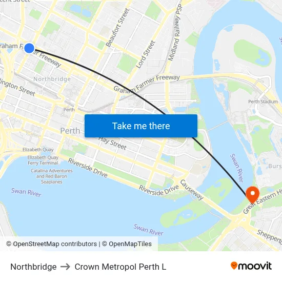 Northbridge to Crown Metropol Perth L map