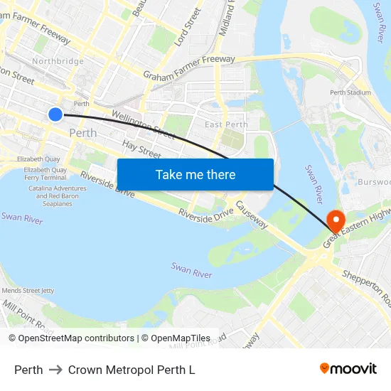 Perth to Crown Metropol Perth L map