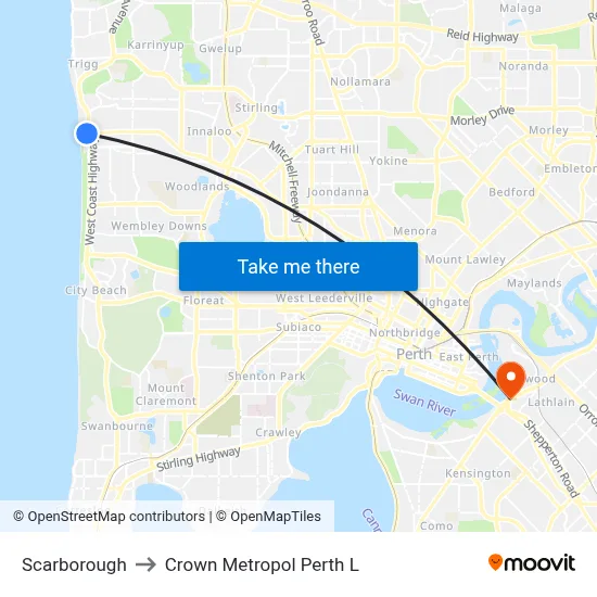 Scarborough to Crown Metropol Perth L map