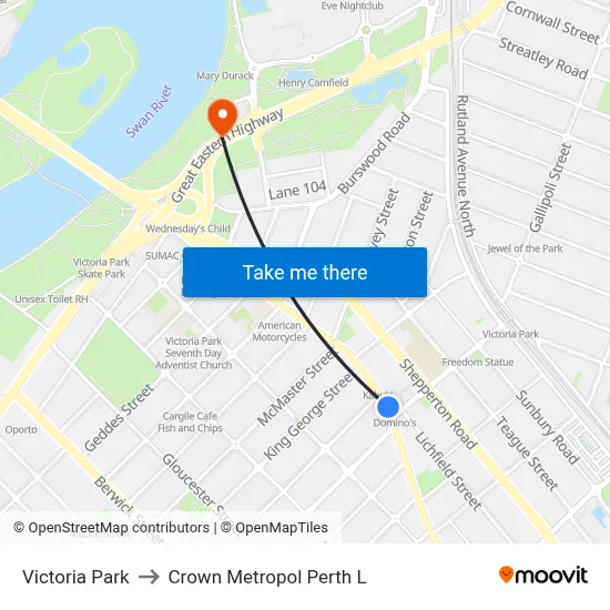 Victoria Park to Crown Metropol Perth L map