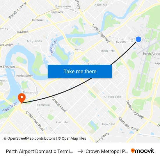 Perth Airport Domestic Terminal T3 T4 to Crown Metropol Perth L map