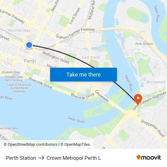 Perth Station to Crown Metropol Perth L map