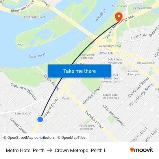 Metro Hotel Perth to Crown Metropol Perth L map