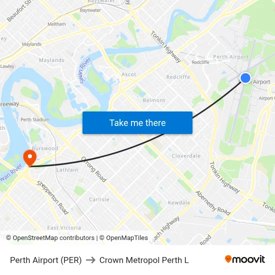 Perth Airport (PER) to Crown Metropol Perth L map