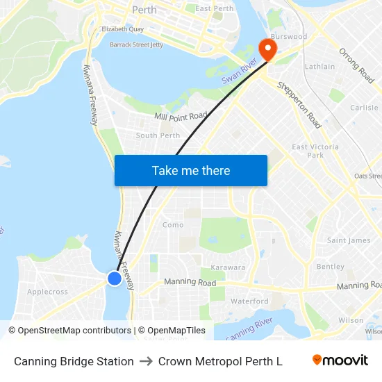 Canning Bridge Station to Crown Metropol Perth L map