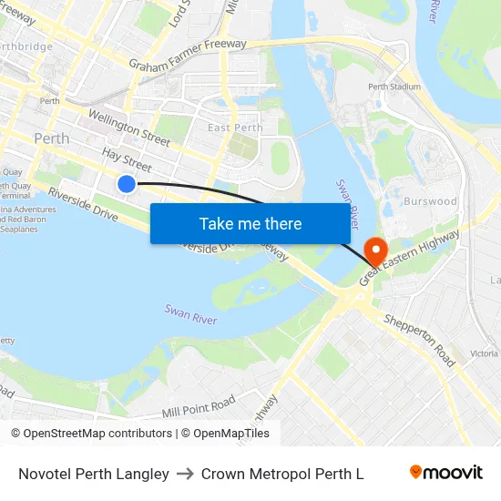 Novotel Perth Langley to Crown Metropol Perth L map