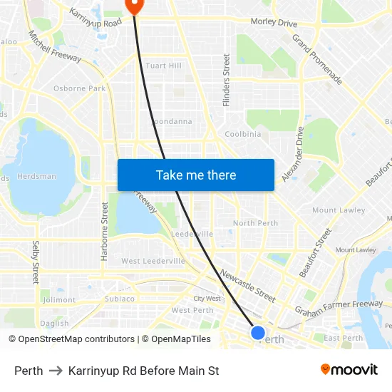 Perth to Karrinyup Rd Before Main St map