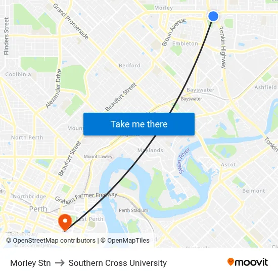 Morley Stn to Southern Cross University map